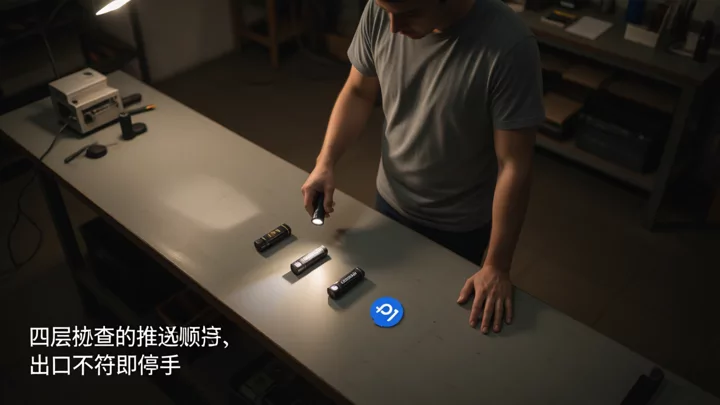 技术人员在工作台前用手电依次照过排成一列的四件物品,逐项检查