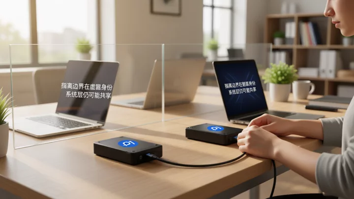 On each side of a glass partition, there is a laptop and an external hard drive; an operator is adjusting network cables