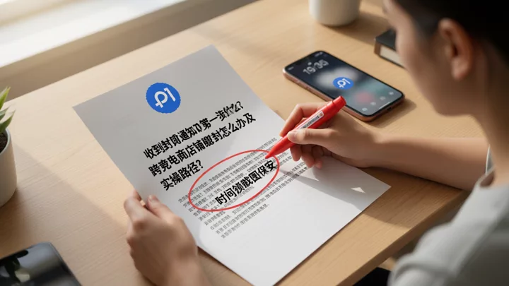 A seller highlights key violation-type keywords on the store ban notification, with a phone beside showing a timestamp screenshot