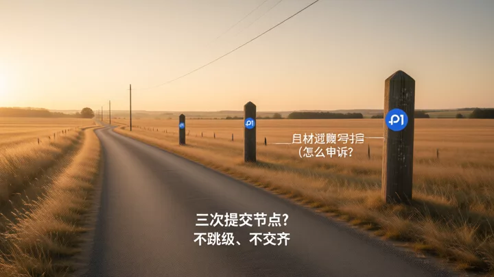 鄉間公路上的三根里程碑柱，暗示三次遞進提交節點