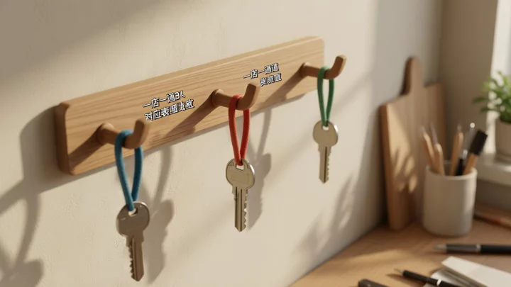 The three keys hang on three separate hooks, a metaphor for the one-to-one correspondence among account, login environment, and write responsibility