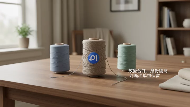 In a three-spool setup, two threads feed into the same reel while the third runs separately—a metaphor for the boundary between data consolidation and identity isolation.