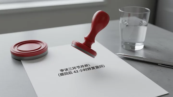 紅色橡皮章正壓向白色文件,旁邊放著半杯水與一支銀色鋼筆
