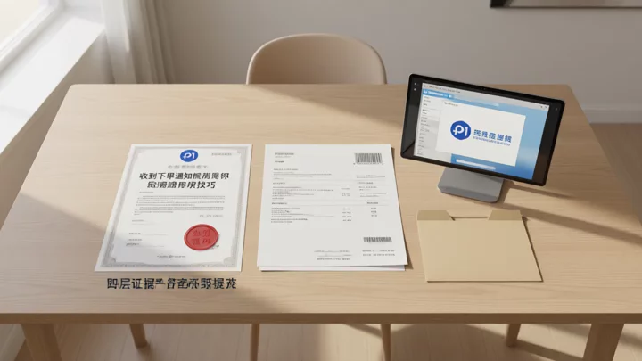 四层申诉证据材料平铺在桌面上，包括授权书、发票、设计源文件和核验材料