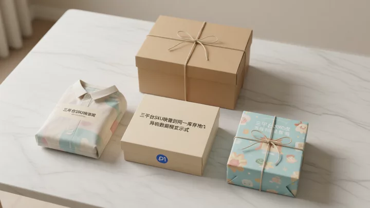 三組不同形態的商品包裝透過細線連接到同一個中心倉箱，示意三平台 SKU 映射到統一庫存池的關係