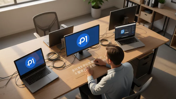 Three laptops and two small hosts are placed side by side on the office desk, with cables neatly organized