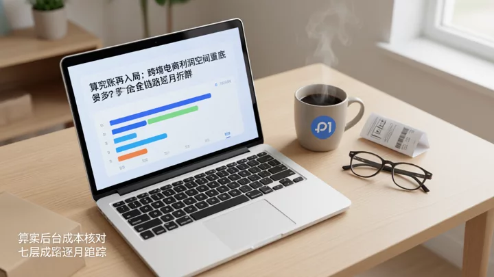 卖家在笔记本上核对月度成本报表,七项成本条长短不一