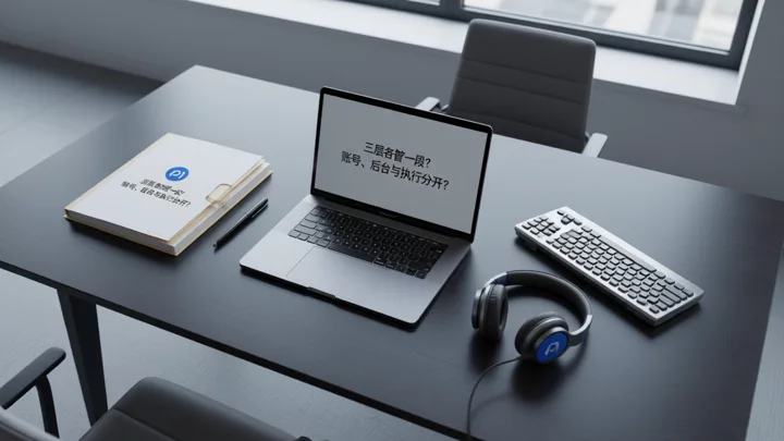 Documents, a laptop, keyboard, and headset arranged separately on a conference table, corresponding to the three-layer division of accounts, Seller Central, and tools