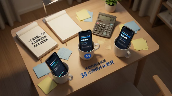 多店铺手动管理时的桌面场景：三份记录叠放，时间被碎片化消耗