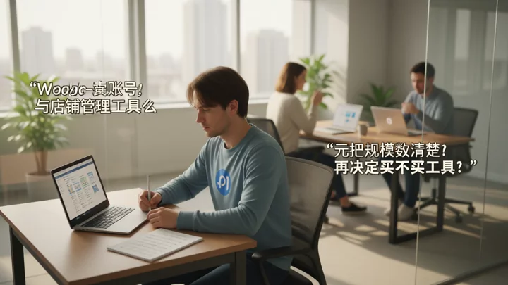 一名營運獨自在小桌前用單台筆記型電腦核對清單,玻璃隔斷後兩位同事在共享長桌各自辦公