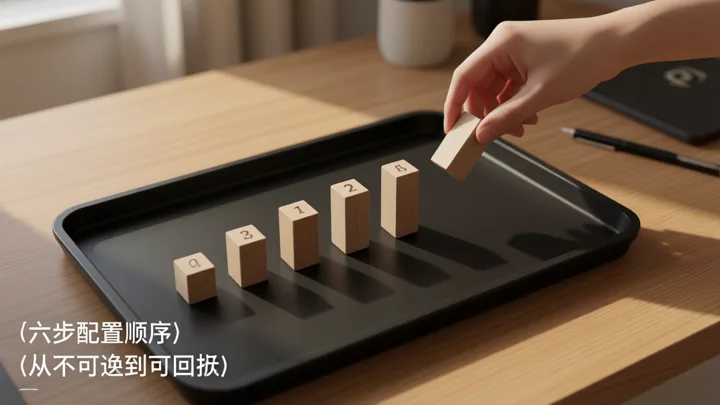 六塊大小不一的木塊按遞減順序排列在黑色托盤上,手正放下最後一塊,示意從高風險到低風險的六步設定順序