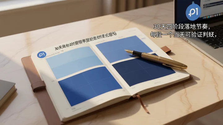 打開的計畫本上四格漸變色區塊，對應30天落地的四個階段
