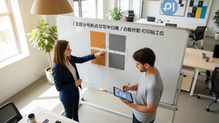兩位同事在白板前討論多帳號隔離架構,彩色方塊之間留有明確的斷點間隙