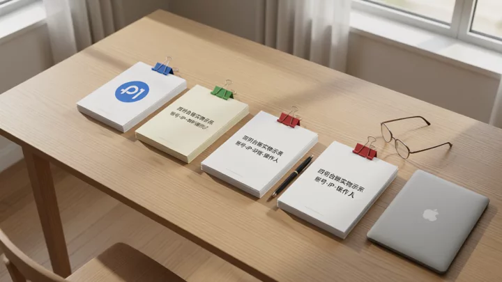 桌面上按账号分成四叠的纸质台账,分别用不同颜色夹子标记