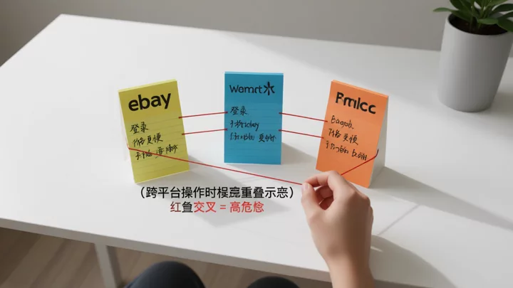 三列便利贴分别代表 eBay、Walmart、速卖通的操作时序,红色细线连接同一行,直观展示跨平台操作重叠