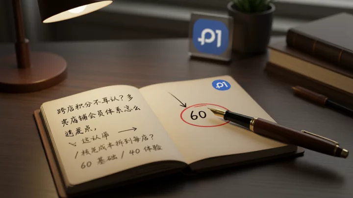 一本攤開的帳本，左側分列各店核銷成本，右側彙總為統一數字，示意跨店積分成本分攤到每店損益表