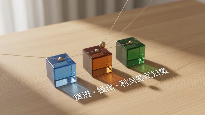 三种颜色的玻璃方块与一个黄铜小球,象征货进、钱出、利润归集三条业务流汇合到税后利润节点