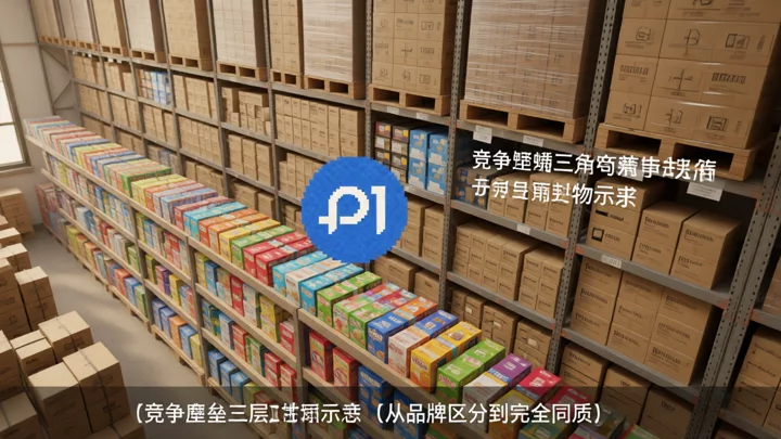 層層遞進的商品貨架示意：前排有品牌區分，後排趨於同質化，隱喻競爭壁壘從評論到廣告再到同質化的三層封死過程