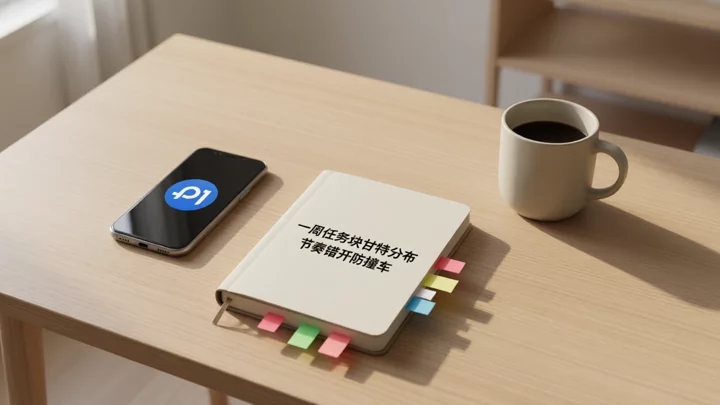 Five sticky notes in different colors are stuck on the notebook spine, mapping the time distribution of five task blocks across the week