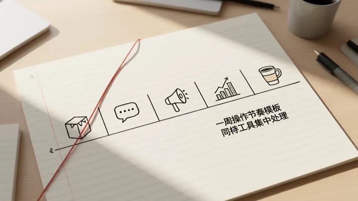桌面俯拍:一張手繪週節奏時間軸,五個時段各配一個簡筆圖標