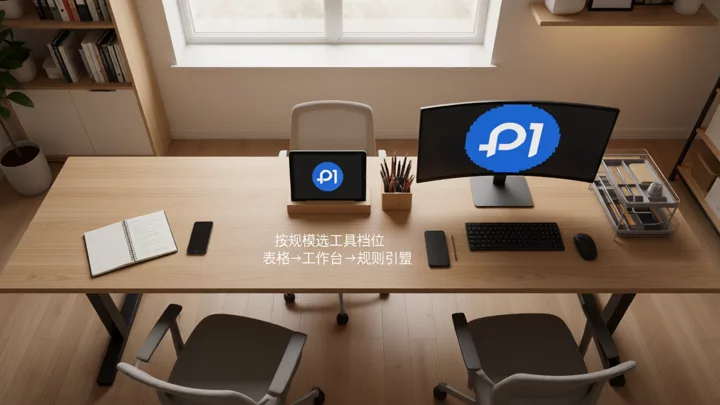 On the same long table, from left to right: a laptop, a tablet, and a dual-screen workstation—three tool configurations corresponding to three team-size tiers.