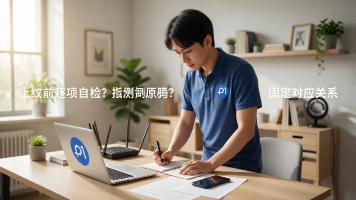 运营者在桌前对照手写便签检查笔记本、路由器和手机，做上线前环境自检