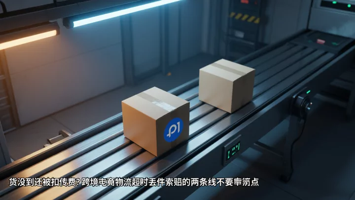 两条并行的金属传送轨道上各放一个纸盒包裹，一前一后，冷暖光交汇