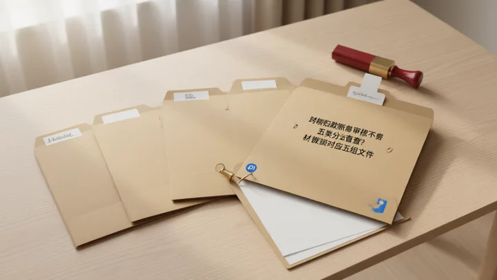 五份分类好的材料文件夹平铺在桌面上，旁边放着印章，示意按驳回类型分组自查