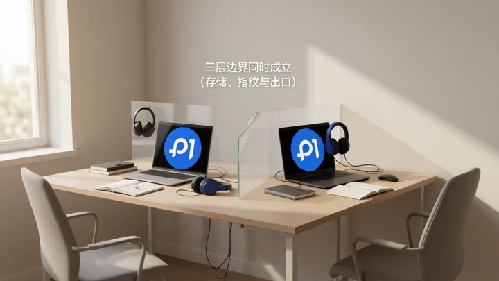 办公桌被分成两个独立工位，各自拥有笔记本、耳机与笔记，象征存储、指纹与出口三层边界