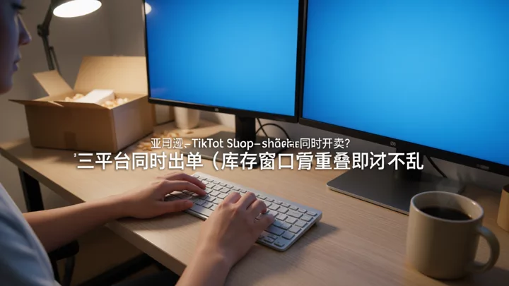 跨境卖家在双屏工作台上同时操作多个平台后台,背景堆放着待发货纸箱