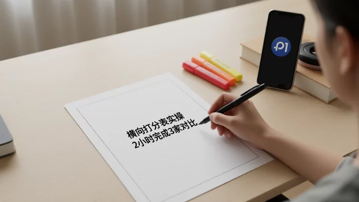 俯拍视角下桌面上填写中的对比打分表与录音手机