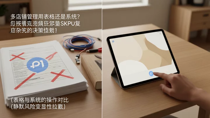 On the left, a paper spreadsheet annotated with revision marks and tangled cables; on the right, a clean tablet screen with a minimalist interface awaiting a single tap—contrasting the two paths: spreadsheet vs. system