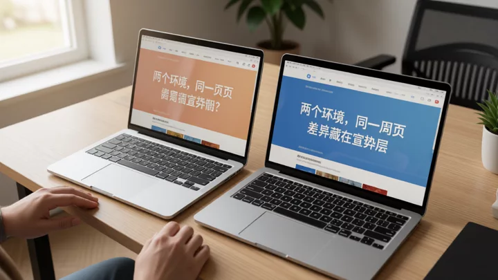 两台并排笔记本打开同一网页但语言与字体渲染不同，用于说明浏览器指纹信号来自多项组合