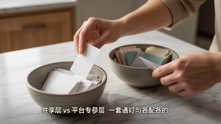雙手將不同顏色的卡片分到兩個碗中,象徵共享工具層與平台專屬層的分離