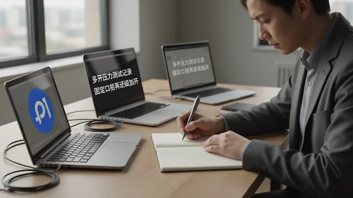运营人员在办公桌前用纸质记录本登记多台笔记本同时运行的状态