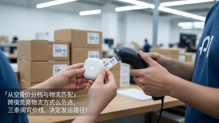 仓库工人扫描产品标签，按客单价分档决定物流方式