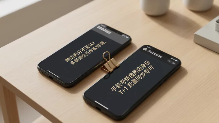 兩部手機並排放置，分別顯示不同店鋪的會員介面，一枚回形針橋接兩者，示意以手機號為橋接鍵打通身份