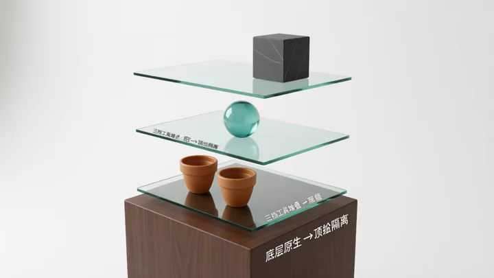 三层透明玻璃置物架从大到小堆叠，顶层与中层之间有一道可见间隙，代表 2–3 店、5–7 店、8–10 店三档工具逐层叠加且顶层需隔离