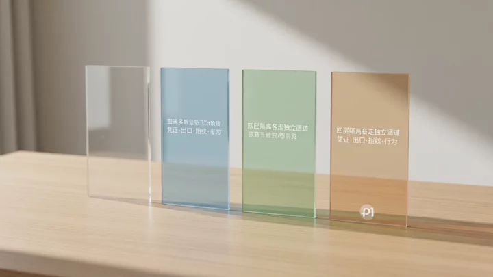 Four glass panels in different tones standing on a wooden tabletop, symbolizing four layers of isolated signals each occupying an independent channel