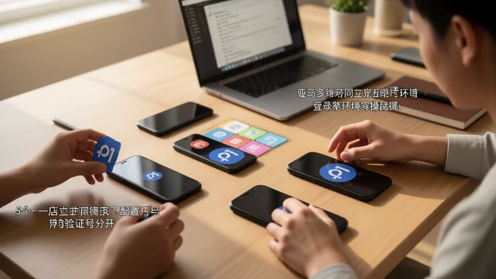 运营人员把五个店铺的浏览器环境与验证手机逐项分开摆放