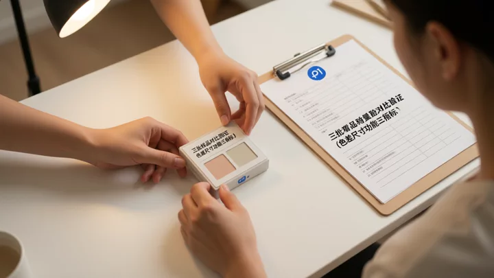 三批样品色卡与验货清单并排放置在工作台上,示意批次一致性验证的最小操作