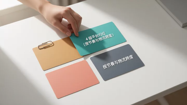 四张不同颜色的卡片按 2×2 排列在桌面上，一只手正拿起其中一张，示意将多个平台按运营节奏重新归组