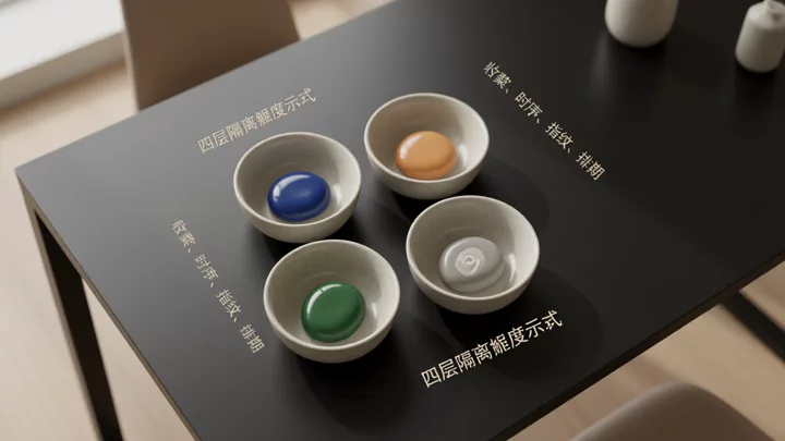 四个不同颜色的陶碗并排置于黑色桌面，象征登录时序、收款主体、设备指纹、内容排期四个需独立隔离的维度