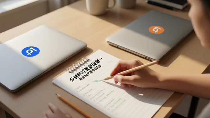 兩台分別貼有不同顏色標記的筆記型電腦並排擺放，中間放著一張手寫核對清單