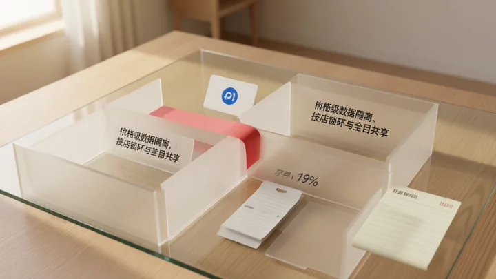 玻璃隔斷將庫存卡、價格卡、訂單單和客服卡分置於四個獨立區域,紅色膠帶封住一條跨區通道,示意欄位級資料隔離規則