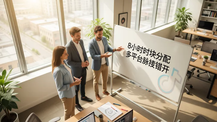 三人团队围绕白板讨论多平台时块分配，自然光充足