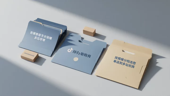三組由資料夾和木塊組成的靜物從左到右逐漸增多，用來示意按帳號規模分檔的工具選型路徑選型分檔：從單店到多站矩陣，工具承擔的責任逐檔增加