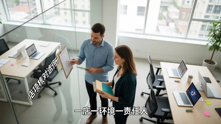兩名團隊成員在辦公室對照列印清單逐項核對多個店鋪的帳號與登入環境